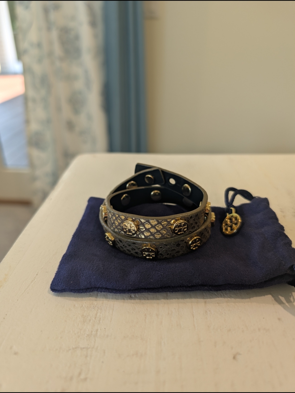 Tory Burch Metallic Gray Double-Wrap Logo Stud Bracelet